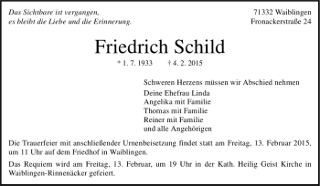 Todesanzeige von Friedrich Schild von Trauer.de