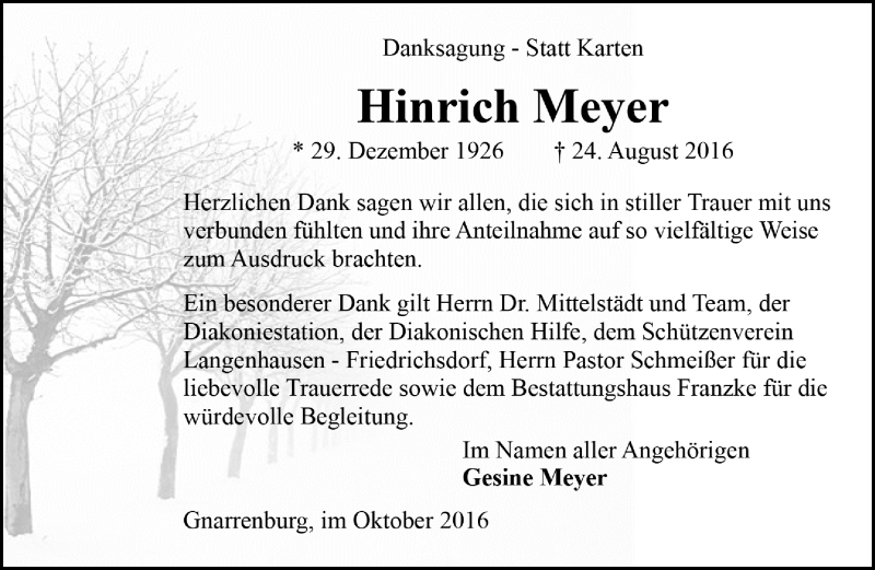  Traueranzeige für Hinrich Meyer vom 08.10.2016 aus Trauer.de