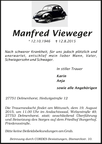Todesanzeige von Manfred Vieweger von Trauer.de