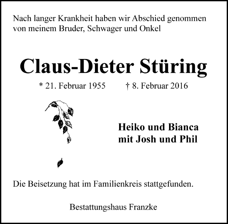  Traueranzeige für Claus-Dieter Stüring vom 13.02.2016 aus Trauer.de