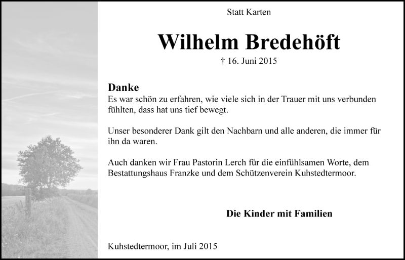  Traueranzeige für Wilhelm Bredehöft vom 26.07.2015 aus Trauer.de