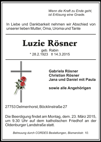 Todesanzeige von Luzie Rösner von Trauer.de