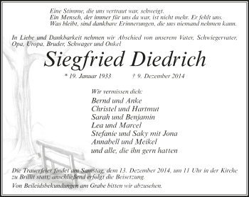 Todesanzeige von Siegfried Diedrich von Trauer.de