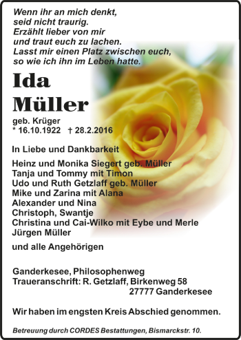 Todesanzeige von Ida Müller von Trauer.de