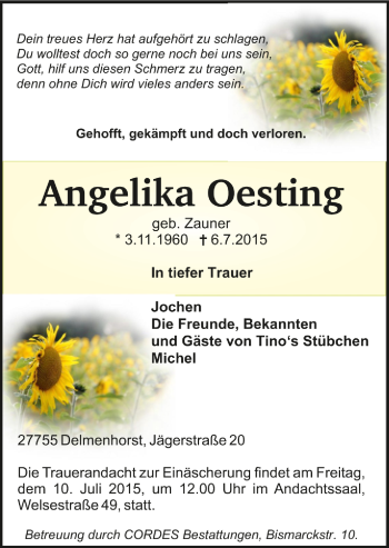 Todesanzeige von Angelika Oesting von Trauer.de