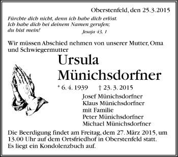 Todesanzeige von Ursula Münichsdorfner von Trauer.de