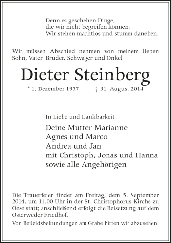 Todesanzeige von Dieter Steinberg von Trauer.de