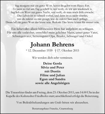 Todesanzeige von Johann Behrens von Trauer.de
