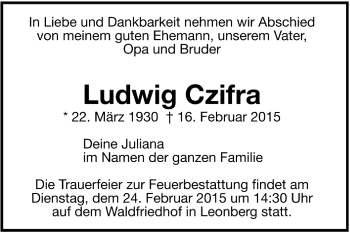 Todesanzeige von Ludwig Czifra von Trauer.de