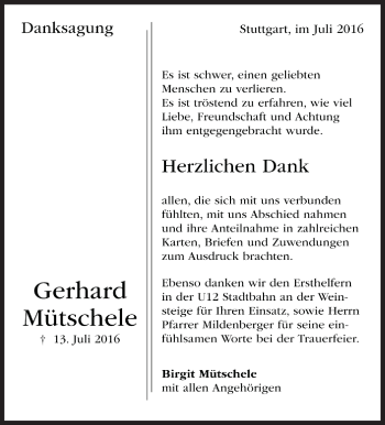 Todesanzeige von Gerhard Mütschele von Trauer.de 