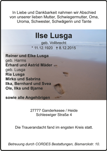 Todesanzeige von Ilse Lusga von Trauer.de