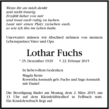 Todesanzeige von Lothar Fuchs von Trauer.de