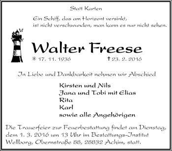 Todesanzeige von Walter Freese von Trauer.de
