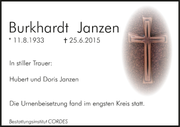Todesanzeige von Burkhardt Janzen von Trauer.de
