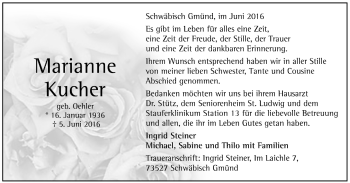Todesanzeige von Marianne Kucher von Trauer.de