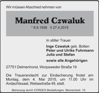 Todesanzeige von Manfred Czwaluk von Trauer.de