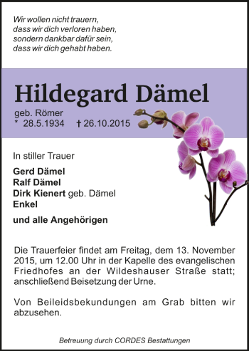 Todesanzeige von Hildegard Dämel von Trauer.de