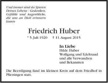 Todesanzeige von Friedrich Huber von Trauer.de