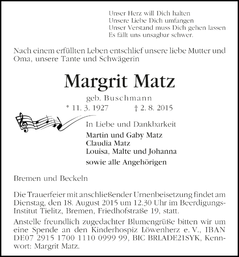  Traueranzeige für Margrit Matz vom 25.08.2015 aus Trauer.de