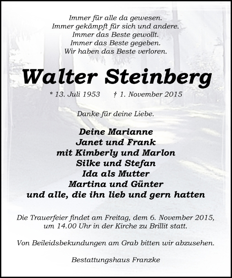  Traueranzeige für Walter Steinberg vom 04.11.2015 aus Trauer.de