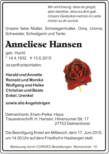 Todesanzeige von Anneliese Hansen von Trauer.de