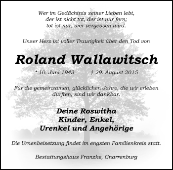 Todesanzeige von Roland  Wallawitsch von Trauer.de