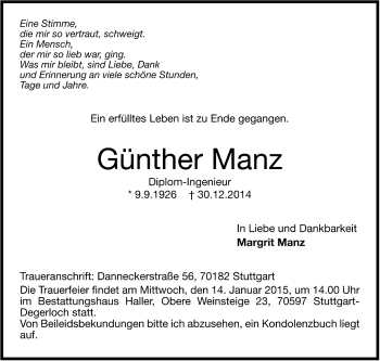 Todesanzeige von Günther Manz von Trauer.de