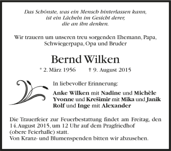 Todesanzeige von Bernd Wilken von Trauer.de