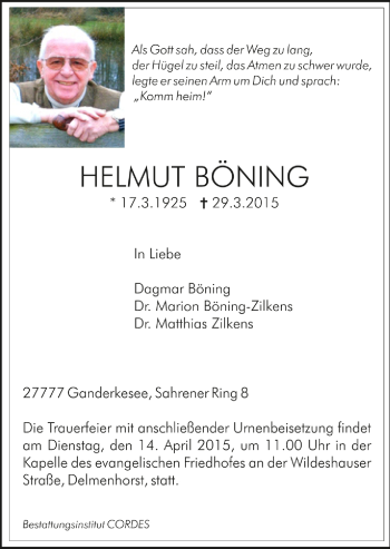 Todesanzeige von Helmut Böning von Trauer.de