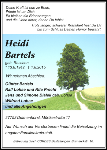 Todesanzeige von Heidi Bartels von Trauer.de