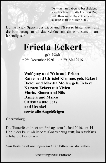 Todesanzeige von Frieda Eckert von Trauer.de