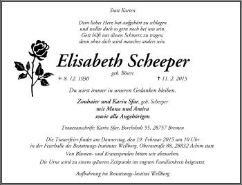 Todesanzeige von Elisabeth Scheeper von Trauer.de