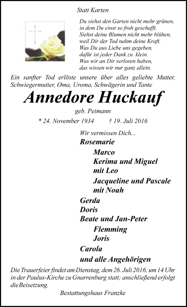  Traueranzeige für Annedore Huckauf vom 22.07.2016 aus Trauer.de