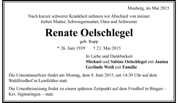 Todesanzeige von Renate Oelschlegel von Trauer.de