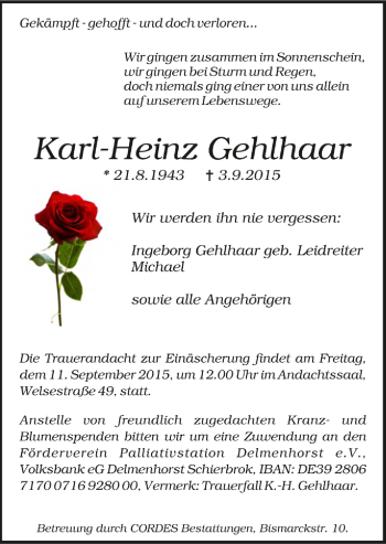 Todesanzeige von Karl-Heinz Gehlhaar von Trauer.de