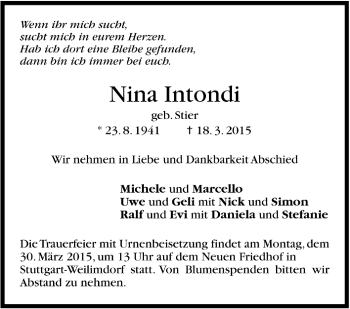 Todesanzeige von Nina Intondi von Trauer.de
