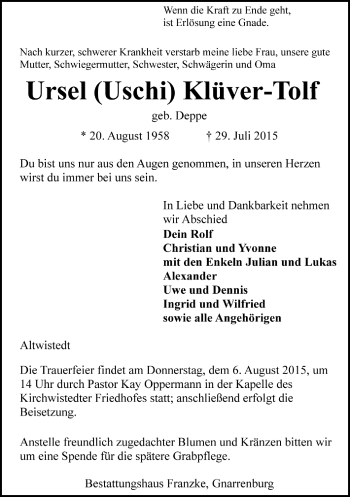 Todesanzeige von Ursel  Klüver-Tolf von Trauer.de