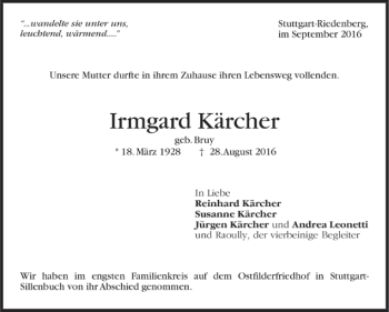 Todesanzeige von Irmgard Kärcher von Trauer.de