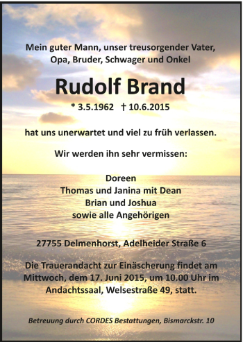 Todesanzeige von Rudolf Brand von Trauer.de