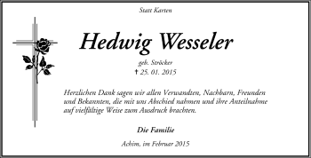 Todesanzeige von Hedwig Wesseler von Trauer.de