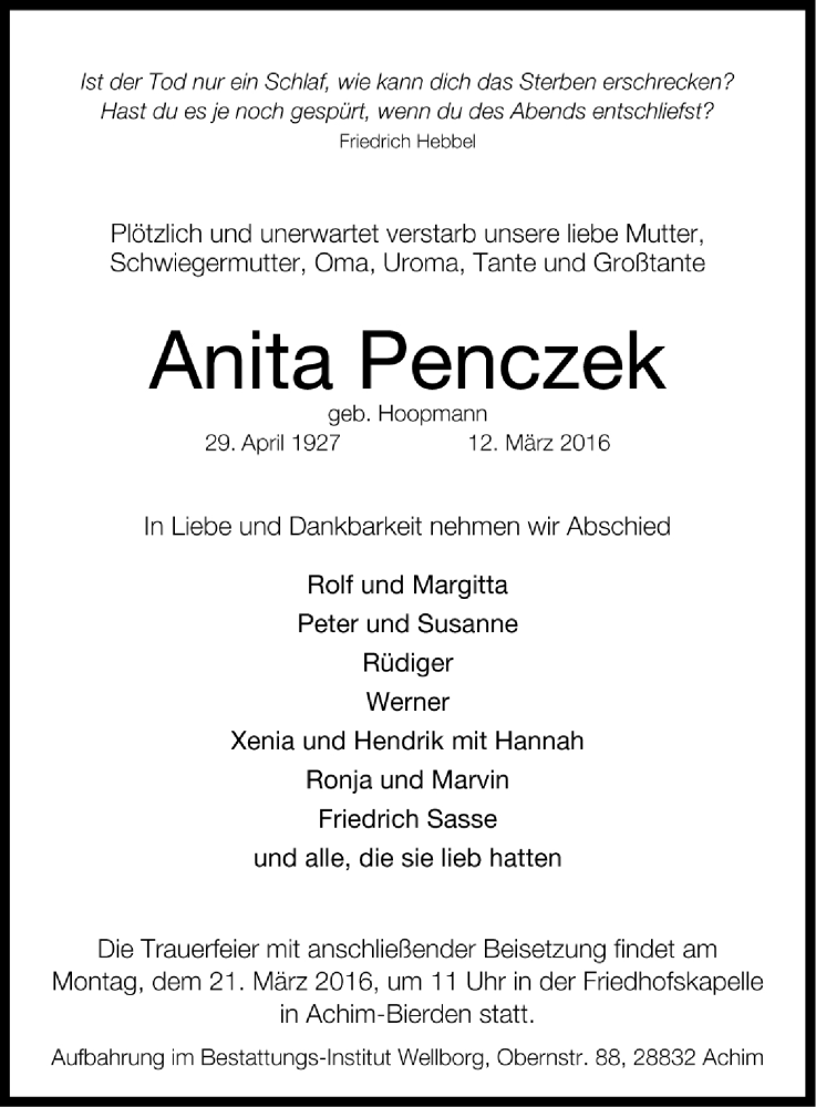  Traueranzeige für Anita Penczek vom 16.03.2016 aus Trauer.de