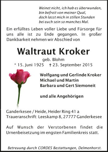 Todesanzeige von Waltraut Kroker von Trauer.de