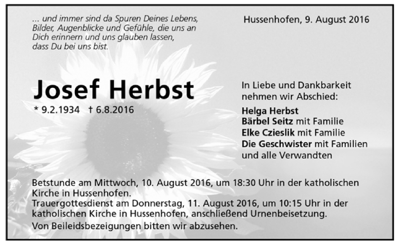  Traueranzeige für Josef Herbst vom 09.08.2016 aus Trauer.de