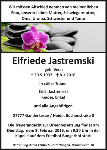 Todesanzeige von Elfriede Jastremski von Trauer.de