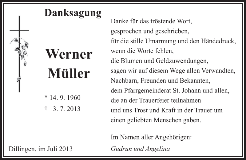  Traueranzeige für Werner Müller vom 03.08.2013 aus 