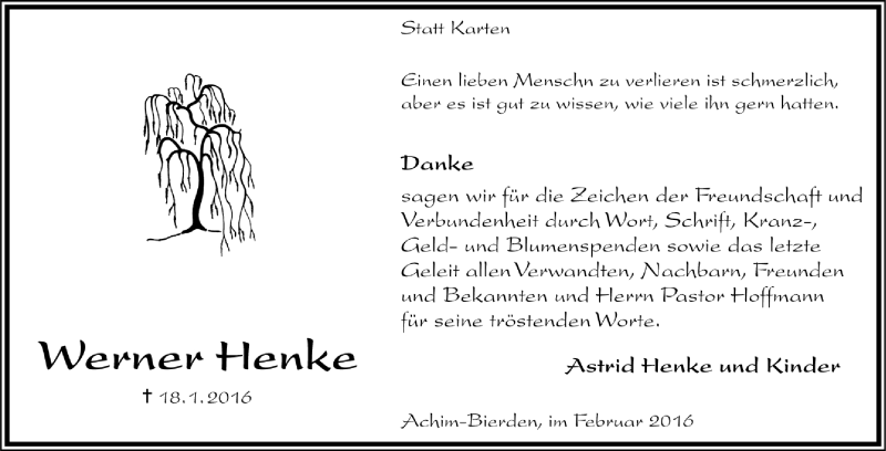  Traueranzeige für Werner Henke vom 13.02.2016 aus Trauer.de