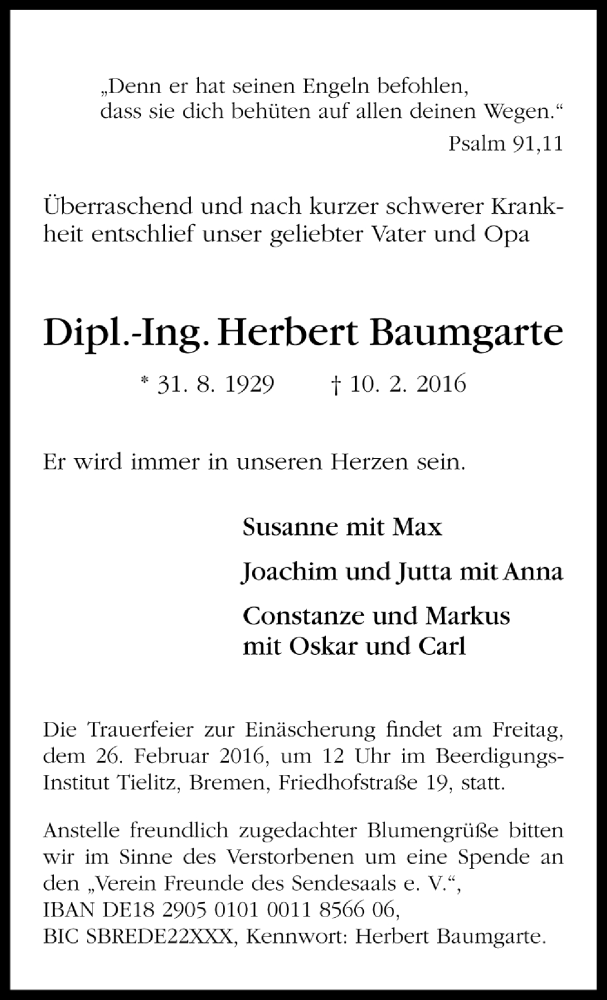  Traueranzeige für Dipl.-Ing. Herbert Baumgarte vom 16.02.2016 aus Trauer.de