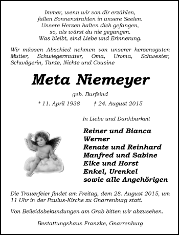 Todesanzeige von Meta Niemeyer von Trauer.de