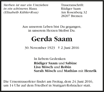 Todesanzeige von Gerda Saam von Trauer.de