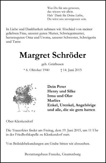 Todesanzeige von Margret Schröder von Trauer.de
